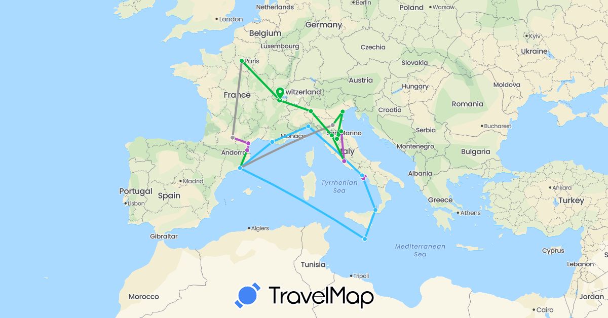 TravelMap itinerary: bus, plane, train, boat in Switzerland, Spain, France, Italy, Malta (Europe)